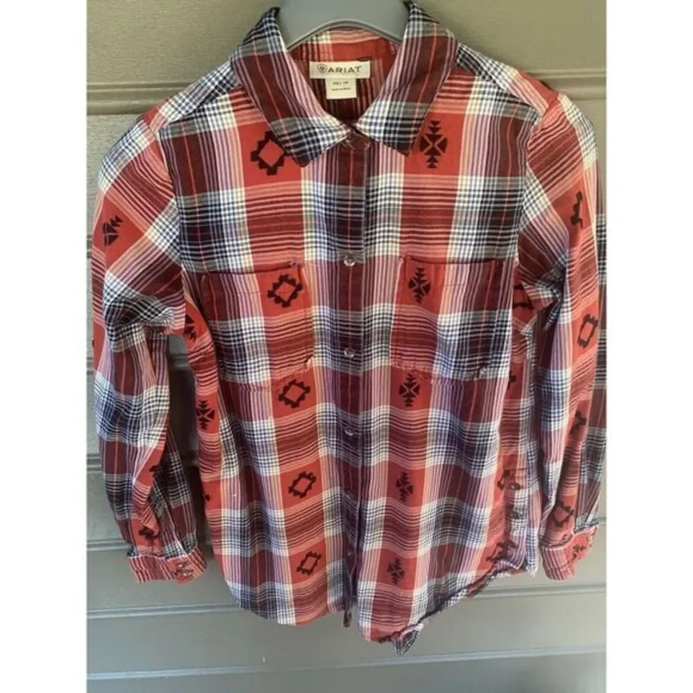Women's XS ARIAT Red Aztec Plaid Button Down Flannel Shirt western cowboy - Picture 2 of 6